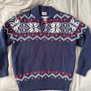 L.L. Bean Navy Fair Isle 100% Lambs Wool Crewneck Sweater - Like New